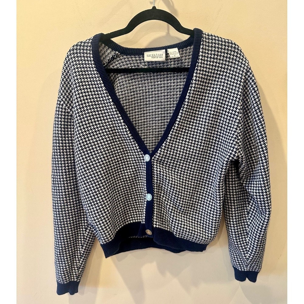 Vtg Nordstrom Point of View Navy Houndstooth‎ Cardigan Sweater Sz M 100% Cotton